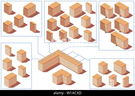 Poly basse cuisine armoires plancher isométrique vectoriel Illustration de Vecteur