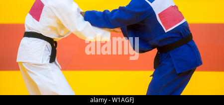 Deux combattants judo en uniforme blanc et bleu.