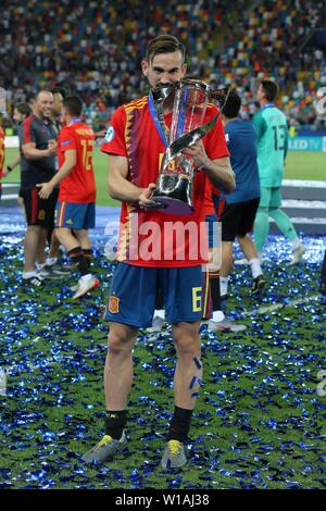 Udine, Italie. 30 Juin, 2019. firo : 30.06.2019, Football, International, l'UEFA U21 Championnat d'Europe 2019, Final, Allemagne - Espagne, Fabian Ruiz, l'Espagne, l'Espagne, l'ESP, la figure complète, jubilation, cup, l'utilisation dans le monde entier | Credit : dpa/Alamy Live News Banque D'Images