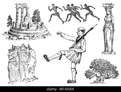 La culture grecque. Ensemble de symboles nationaux. Ruines et rock, militaire et statue dans une colonne, les coureurs de marathon et un arbre. Gravée dans croquis dessinés à la main, Illustration de Vecteur