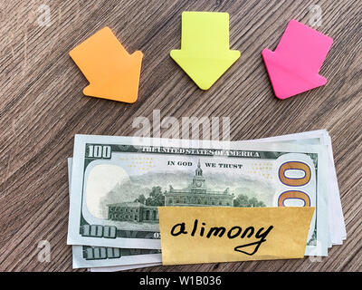 Paiements de pension alimentaire. Pile de dollars avec l'argent de la pension alimentaire et de la signer. Divorce et séparation concept. Banque D'Images