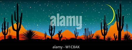 Désert, cactus, étoile de la nuit. Nuit étoilée sur le désert mexicain. Silhouettes de pierres, de cactus et de plantes. Paysage désertique avec des cactus. Désert pierreux. Illustration de Vecteur