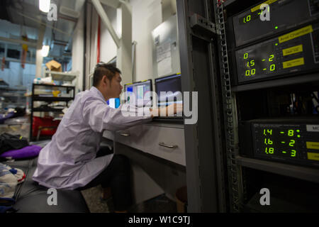 Beijing, Chine. 1er juillet 2019. Un chercheur travaille dans le laboratoire national de la supraconductivité, Institut de physique du TAS à 04:19 le 1 juillet 2019. Dans votre vision, ce qui fait une personne un scientifique ? L'Académie chinoise des Sciences (CAS) a lancé un webcast en direct de 24 heures lundi pour décoder ses travaux des chercheurs avec des images. Credit : Cheng Meng/Xinhua/Alamy Live News Banque D'Images