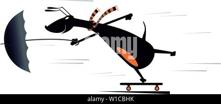 Cartoon chien un skateur professionnel isolé. Cartoon teckel rides on skateboard en utilisant un parapluie et vent isolated on white Illustration de Vecteur