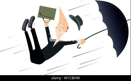 Tempête ou l'ouragan et de l'homme vole avec illustration parapluie tempête, pluie et businessman avec parapluie et sac perdu hat isolated on white Illustration de Vecteur