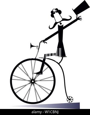 Cartoon longues moustaches homme dans le top hat repose sur un vélo rétro et de l'air en bonne santé et heureux illustration noir sur blanc Illustration de Vecteur
