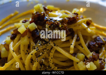 Plat de spaghetti alla carbonara, recette typiquement italien de pâtes avec guanciale, œuf fromage pecorino romano ad Banque D'Images
