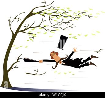 Vent fort, battant feuilles et longues moustaches homme perdu top hat en essayant de garder sa vie l'arraché un arbre en utilisant un parapluie isolated on white illustratio Illustration de Vecteur