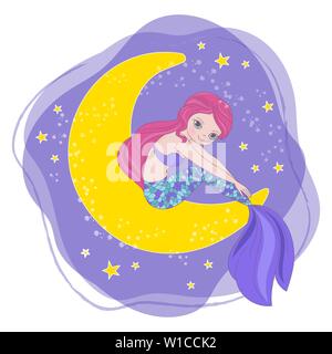 L'ESPACE DE LUNE MERMAID Cartoon Cosmos Univers galactique Princess Voyage Voyager Ensemble d'illustration vectorielle pour tissu d'impression et de décoration Illustration de Vecteur