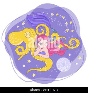 OCTOPUS LUNE Espace Cosmos Cartoon Mermaid Princess Univers galactique voyage Voyager Ensemble d'illustration vectorielle pour tissu d'impression et de décoration Illustration de Vecteur