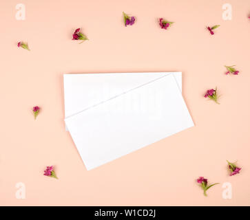 Deux enveloppes en papier blanche rectangulaire sur un fond beige avec des boutons de fleurs, vue du dessus, copy space Banque D'Images