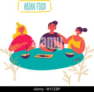 Cuisine Asiatique céto. Jeunes amis manger du riz dans un restaurant thaïlandais avec des baguettes. Filles et garçon manger épicé chaud shirataki aliments frits du wok. Les gens. Ve Illustration de Vecteur