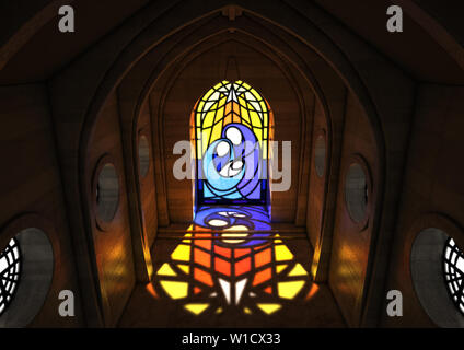 Un grand vide intérieur de l'église en pierre éclairées par la lune à travers un vitrail représentant la scène de la nativité - 3D render Banque D'Images