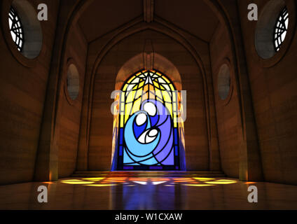 Un grand vide intérieur de l'église en pierre éclairées par la lune à travers un vitrail représentant la scène de la nativité - 3D render Banque D'Images