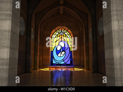 Un grand vide intérieur de l'église en pierre éclairées par la lune à travers un vitrail représentant la scène de la nativité - 3D render Banque D'Images