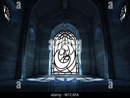 Un grand vide intérieur de l'église en pierre éclairées par la lune à travers une fenêtre en verre décoratif représentant la scène de la nativité - 3D render Banque D'Images