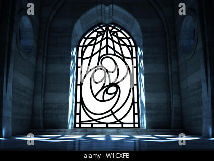 Un grand vide intérieur de l'église en pierre éclairées par la lune à travers une fenêtre en verre décoratif représentant la scène de la nativité - 3D render Banque D'Images