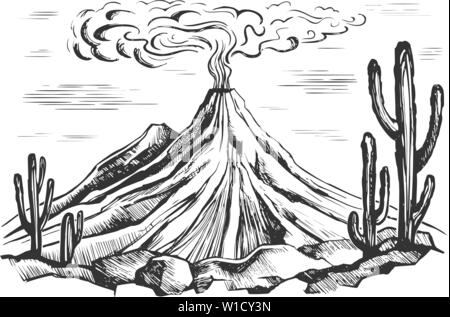 Éruption volcanique paysage croquis vecteur Illustration de Vecteur