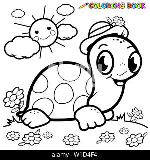 Illustration d'une image en noir et blanc indiquant d'une tortue dans l'herbe. Page de livre de coloriage. Banque D'Images