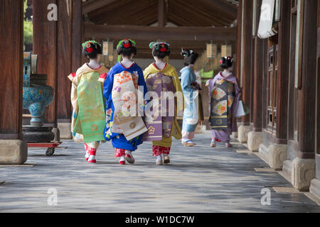 Une Geisha et maiko tirer sur Manpakuji, Kyoto Temple Banque D'Images