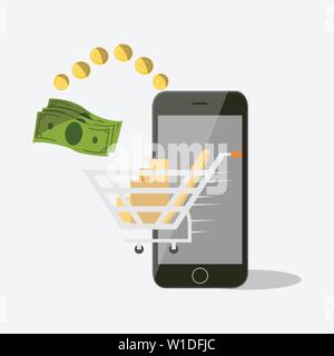 Le paiement mobile set vector illustration isolé. Paiement NFC, le transfert d'argent via smartphone app, transactions bancaires et achats en ligne Illustration de Vecteur