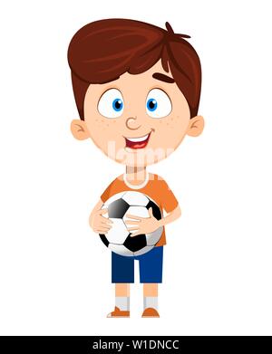 Personnage de garçon. Funny Cute Child holding soccer ball. Concept amusant. Happy kid. Illustration vecteur de couleur. Illustration de Vecteur