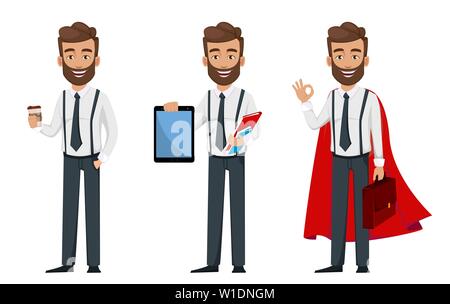 L'homme d'affaires, personnage de jeu de trois poses. Beau bearded man holding tablet, café et wearing superhero cape. Il vecteur Illustration de Vecteur