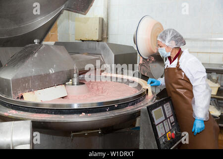 Contrôle de mélange femme ingrédients pour préparer des saucisses dans la machine pour hacher la viande à l'usine de production alimentaire Banque D'Images