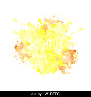 Aquarelle spot de couleur jaune pâle avec des touches d'orange et de divorces. Blot isolé sur fond blanc. Tache jaune citron dessiné à la main. Banque D'Images