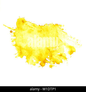 Aquarelle spot de couleur jaune pâle avec des touches d'orange et de divorces. Blot isolé sur fond blanc. Tache jaune citron dessiné à la main. Banque D'Images