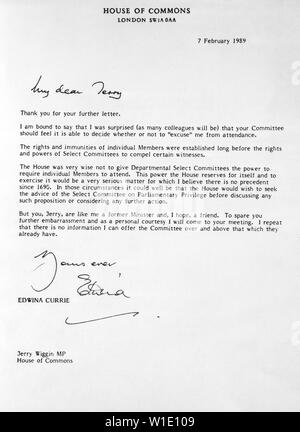 La lettre d'Edwina Currie Jerry Wiggin, dans laquelle l'ancien ministre de la Santé a accepté de comparaître devant le comité des Communes sur l'Agriculture la Salmonella-en-ligne des oeufs. Banque D'Images
