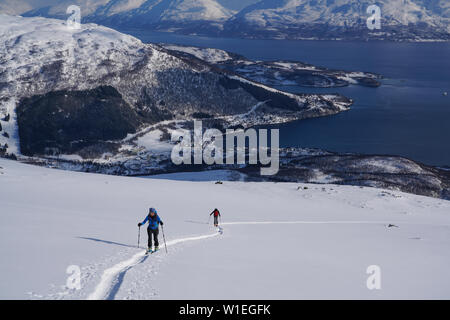 Ski de randonnée dans les Alpes de Lyngen, péninsule de Lyngen, Lyngseidet, comté de Troms, Norvège, Scandinavie, Europe Banque D'Images