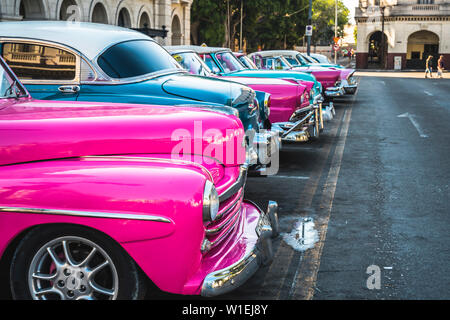 Taxi américain coloré de voitures stationnées à La Havane, La Havane, Cuba (La Havane), Antilles, Caraïbes, Amérique Centrale Banque D'Images