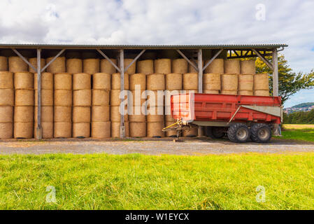 Balles de foin empilées en étable de campagne en Normandie, France Banque D'Images