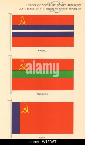 Drapeaux de l'URSS. Union des Républiques socialistes soviétiques. Kirghiz, Moldavie, Russie 1955 Banque D'Images