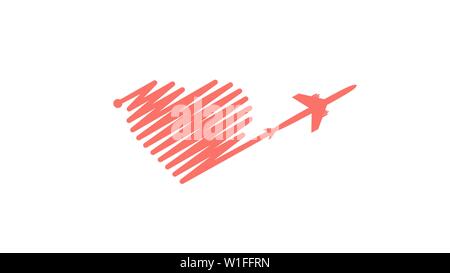 Avion et sa piste en forme de cœur sur fond blanc. Vector illustration. Chemin de vol de l'aéronef et de son itinéraire Illustration de Vecteur