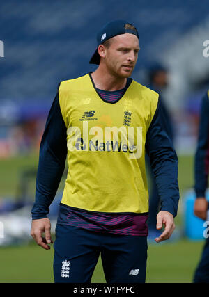 Unis Riverside, Chester-le-Street, Durham, Royaume-Uni. 2 juillet, 2019. Coupe du Monde de Cricket ICC, de la formation et des conférences de presse au cours de l'Angleterre, Jos Buttler cet après-midi La séance de formation de l'avant dernier groupe de demain match stade contre la Nouvelle-Zélande : Action Crédit Plus Sport/Alamy Live News Banque D'Images