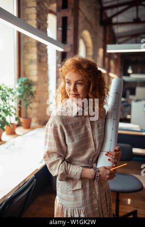 Designer holding des croquis. Belle rousse designer intérieur croquis, debout près de la fenêtre Banque D'Images