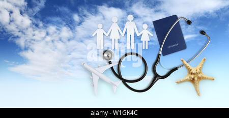 Assurance voyage médicale internationale concept, stéthoscope, passeport, étoile de mer, avion et la famille donnent isolé sur fond de ciel Banque D'Images