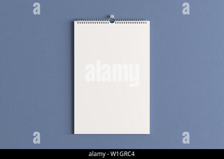 Calendrier vertical blanc sur la maquette le mur bleu. 3d illustration Banque D'Images