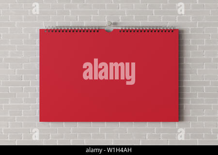Calendrier rouge horizontal en blanc sur la maquette mur de briques blanches. 3d illustration Banque D'Images