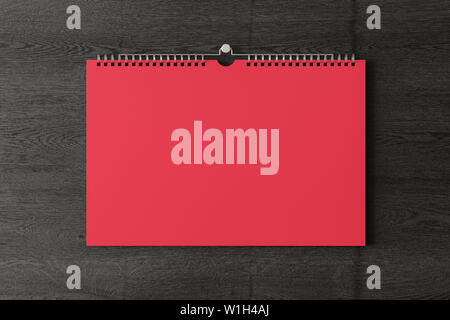 Calendrier rouge horizontal en blanc sur la maquette de la paroi en bois noir. 3d illustration Banque D'Images