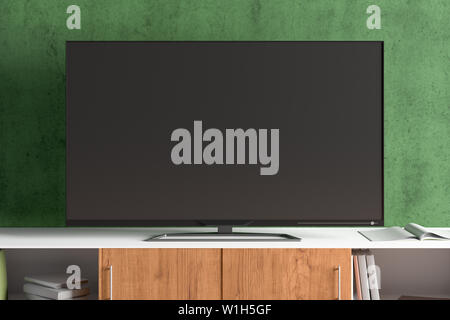 Maquette TV sur le cabinet pour salon moderne avec green wall background. 3d illustration Banque D'Images