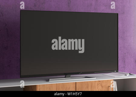 Maquette TV sur le cabinet pour salon moderne avec mur violet. 3d illustration Banque D'Images