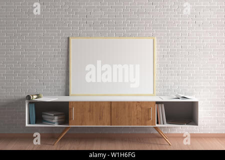 La maquette de l'affiche horizontal en Blanc avec cadre en bois sur l'armoire dans le salon intérieur. 3d illustration Banque D'Images