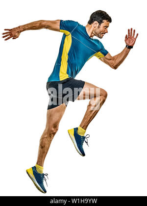 Un beau portrait young man running jogging runner jogger isolé sur fond blanc Banque D'Images