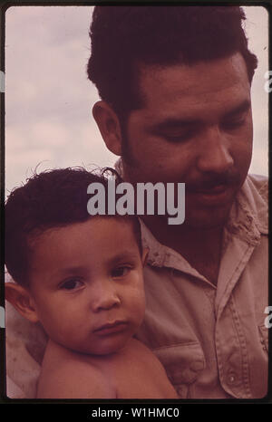 Photographie d'un père Migrant avec son jeune fils ; Portée et contenu : sous-titre original : père migrants avec mon jeune fils. Cet homme et sa famille suivent les cultures au nord du Texas chaque année, vivant dans des logements insalubres, et tous les jours pendant une heure 2,00 $ Banque D'Images