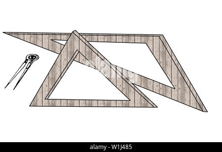 La géométrie et la science concept illustration avec des dirigeants et un compas triangulaire sur fond blanc Banque D'Images