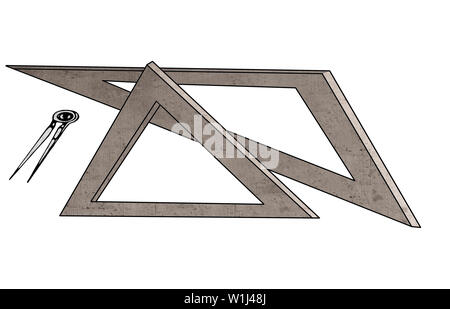 La géométrie et la science concept illustration avec des dirigeants et un compas triangulaire sur fond blanc Banque D'Images