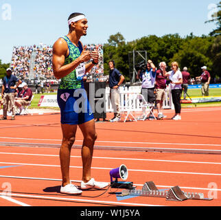 Stanford, CA. 30 Juin, 2019. Michael Norman attendait sur la ligne de départ pour les hommes, 400 M au cours de la Nike Prefontaine Classic à l'Université de Stanford à Palo Alto, CA. James Thurman/CSM/Alamy Live News Banque D'Images